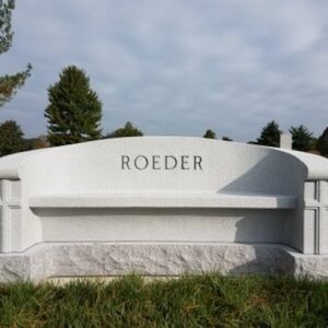 This Roeder Family Estate Bench Memorial is a custom monument in the shape of a bench is crafted from Rock of Ages Barre Granite. It is located at Gate of Heaven Cemetery in Cincinnati, Ohio. It is appropriate for use with cremation or traditional interment.
