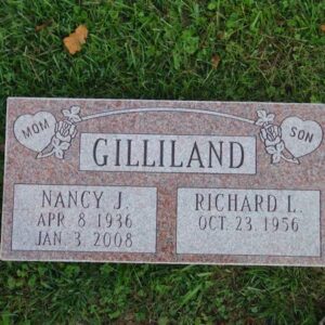 This Companion Flush Marker honoring Gilliland is crafted from pink granite. If features two engraved hearts with roses connected with a line. This memorial is suitable for use with traditional interment or cremation.