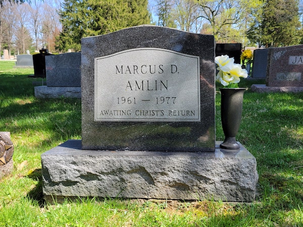 This Single Upright honoring Amlin is a monument with an arched headstone in dark grey granite. It is suitable for use with cremation or standard interment.
