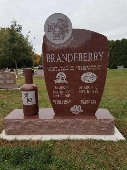 The Brandeberry memorial is a Custom Companion Upright for a Lil' Old Vintner and was crafted from India red granite. It is located at Enon Cemetery in Enon, Ohio. This custom memorial features custom artwork and a custom vase. It is suitable for cremation or traditional interment.