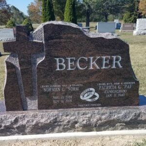 This Custom Cross Companion Upright memorial for the Becker family was crafted from rustic brown granite. It is located at Dayton Memorial Park Cemetery. It is appropriate for traditional interment or cremation.