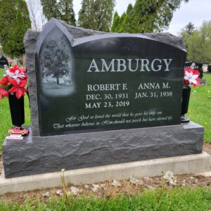 This Custom Companion Upright with Tree was crafted for the Amburgy family from Asian black granite and features a custom laser engraving. It is located at Miami Cemetery in Corwin, Ohio. It is suitable for cremation or traditional interment.