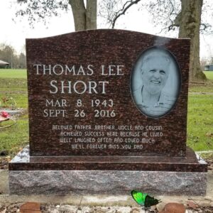 This Single Upright in Brown Granite features a laser engraved, photo realistic image of the decedent. This memorial is appropriate for use with cremation or traditional interment.