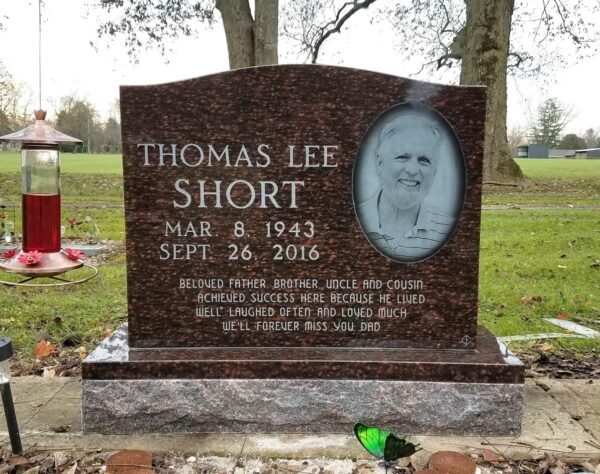 This Single Upright in Brown Granite features a laser engraved, photo realistic image of the decedent. This memorial is appropriate for use with cremation or traditional interment.